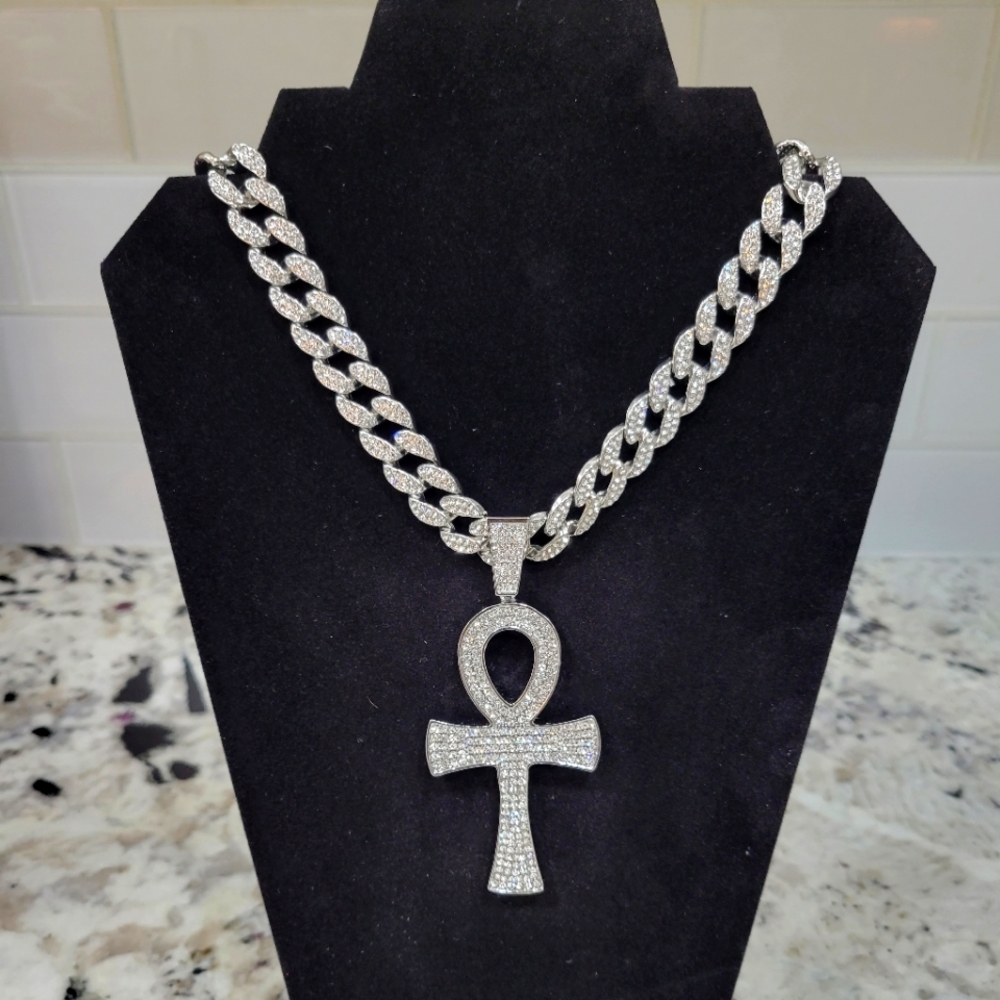 Iced Out Silverplated CZ Simulated Diamond Blinged-out Ankh and Iced Cuban Chain